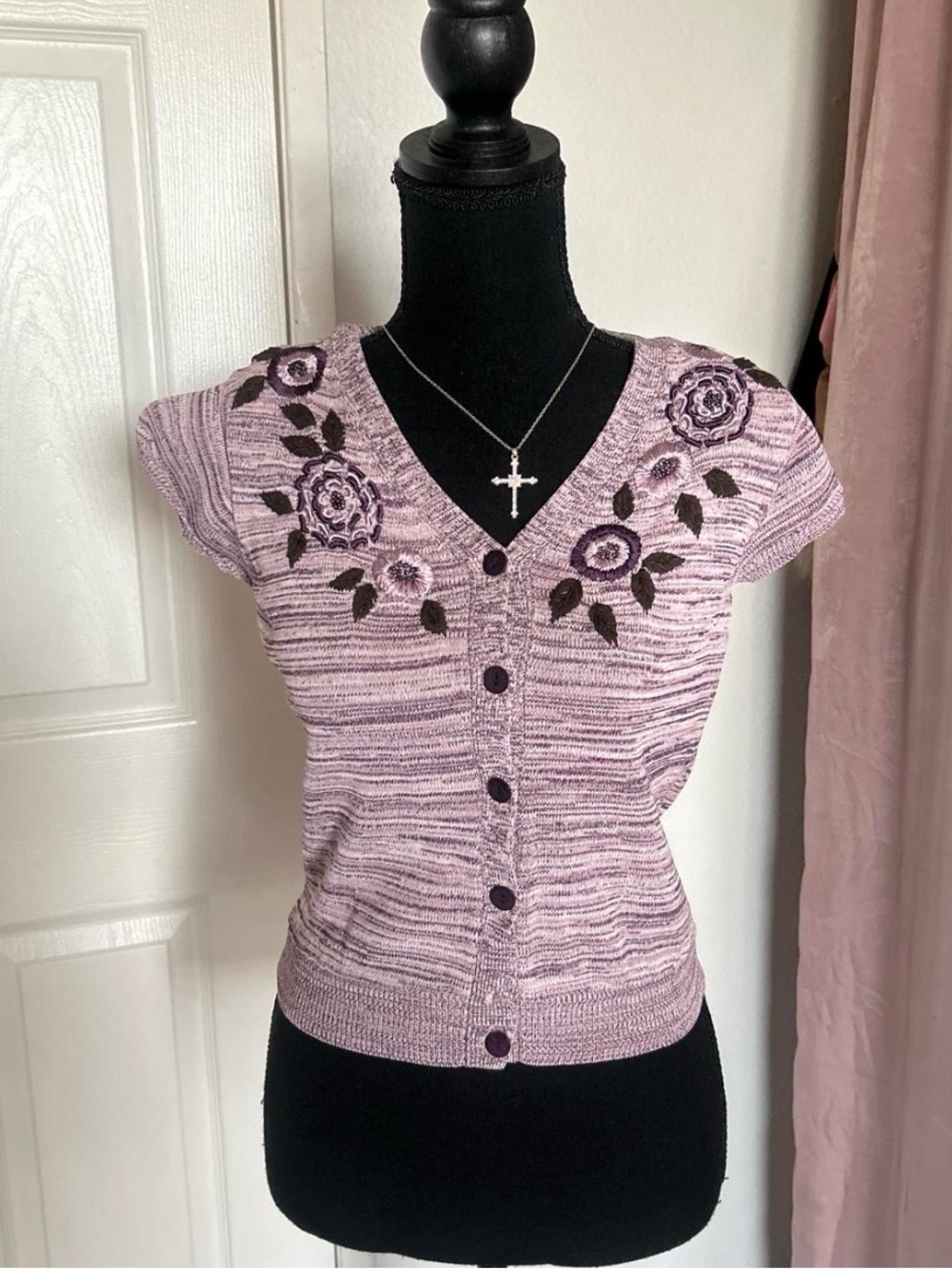 Purple floral button up top with a boho vibe